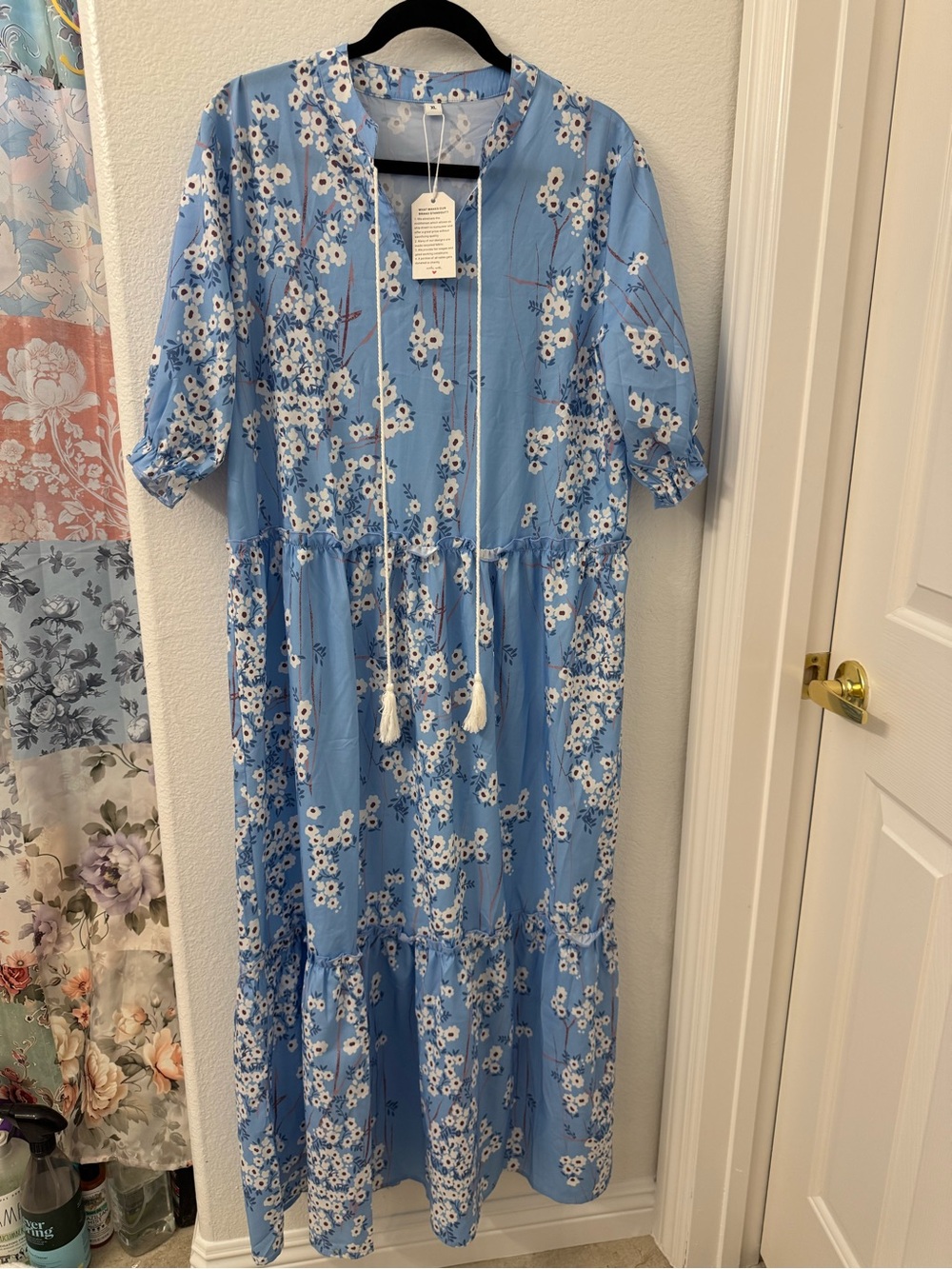 New Women’s Blue white Floral Midi Dress with Tassel Tie XL